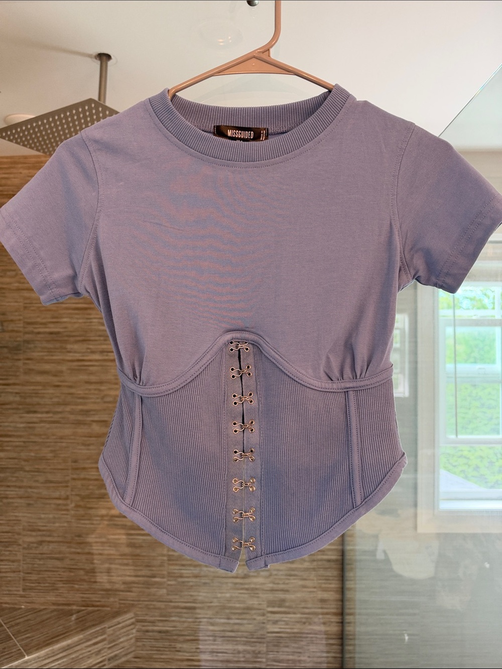 Missguided Lavender Corset-Detail Short Sleeve Tee